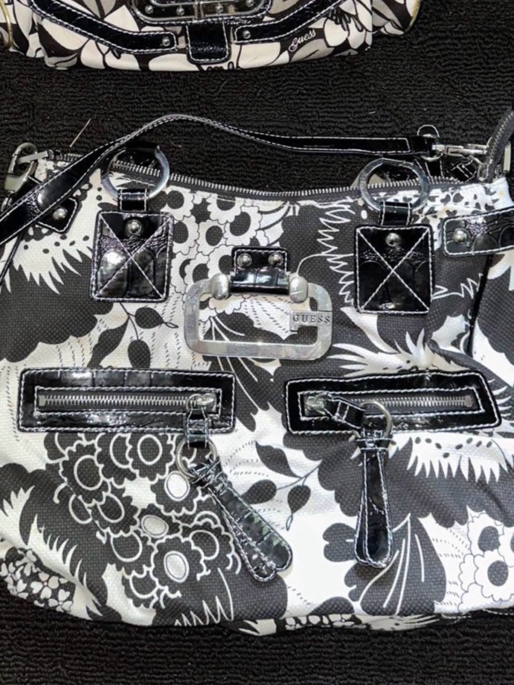 GUESS Black and White Floral Shoulder Bag with Silver Hardware